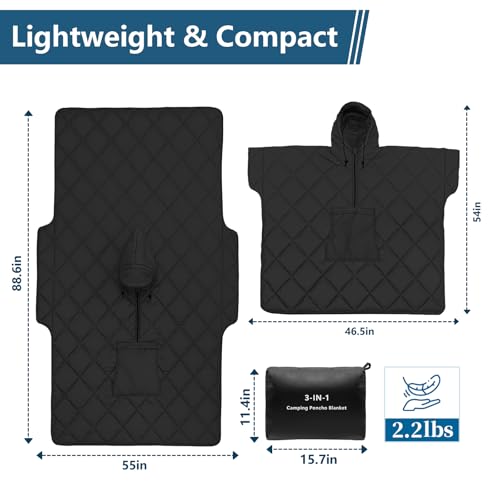Camping Outdoor Blanket, Ultralight Down Alternative Printed Travel Camp Blankets for Sleeping Packable Waterproof Puffy Quilt for Hammock Picnic Stadium Beach Cold Weather (Black Blanket Poncho) - color: Black Blanket Poncho