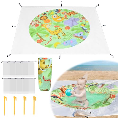 6.5 X 6.5 Ft Baby Beach Pool, 2 in 1 Portable Kids Beach Play Pool Puddle Toddler Beach Blanket and Kiddie Pools Green Cartoon Childs Sand Pit Paddling Pools with Water Bag for Boys Girls Outdoors - size: Forest Theme 2m x 2m/6.5ft x 6.5ft