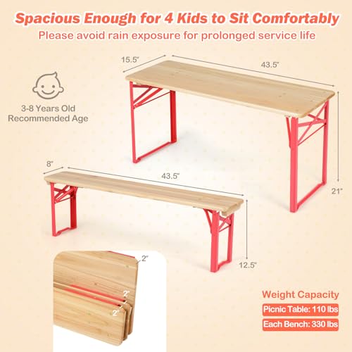 Costzon Kids Picnic Table, 43.5 Inch Folding Picnic Table with 2 Benches, Fir Wood Top & Metal Frame, No Assembly 3-Piece Portable Kids Indoor/Outdoor Furniture for Patio Backyard Daycare (Red) - color: Red