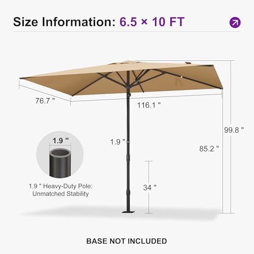 PURPLE LEAF 10' x 6.5' Rectangular Semi-Auto Outdoor Patio Umbrella Aluminium Market Umbrella Table Sun Umbrella with 1.89" Rod and 6 Sturdy Ribs for Deck Lawn Pool Garden, Beige - color: Beige, size: 6.5' x 10'