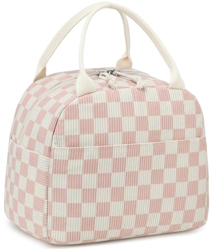 LEDAOU Lunch Box for Women Insulated Lunch Bag Corduroy Lunch Tote Bags Leakproof Cooler Lunch Case for Travel Work Picnic (Checkered-Pink) - color: Checkered-Pink