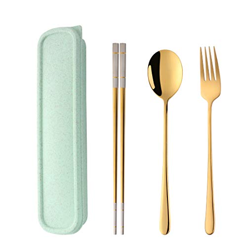 3 PCS Stainless Steel Travel Camping Flatware Set Fork Spoon Chopsticks with Portable Case, Gold - color: Gold
