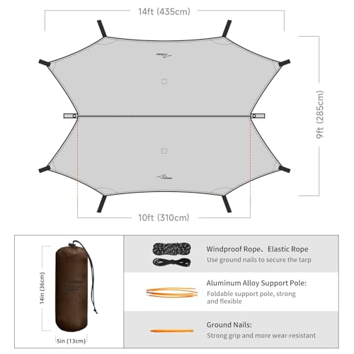 Ultralight Tarp, 14ft Hammock Rain Fly Lightweight Waterproof Camping Tent Tarp with Doors, Bushcraft Tarp Shelter for Backpacking Hiking Camping - color: Coyote Brown