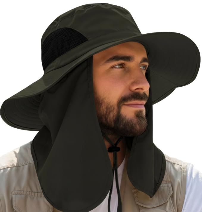 GearTOP Wide Brim Sun Hat for Men & Women, UPF 50+ Fishing Hat with Detachable Neck Flap & Face Cover Gardening Boonie Sunhat - color: Army Green With Flaps & Face Cover