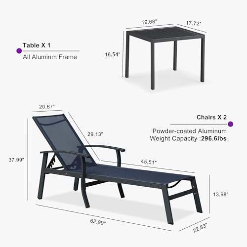 PURPLE LEAF Chaise Lounge Chair Outdoor 2 Pieces Pool Lounge Chairs 5 Adjustable Position with Armrests and Side Table Aluminum Patio Lounge Chair for Outside Backyard Beach Pool, Deep Blue - color: Deep Blue, size: Standard