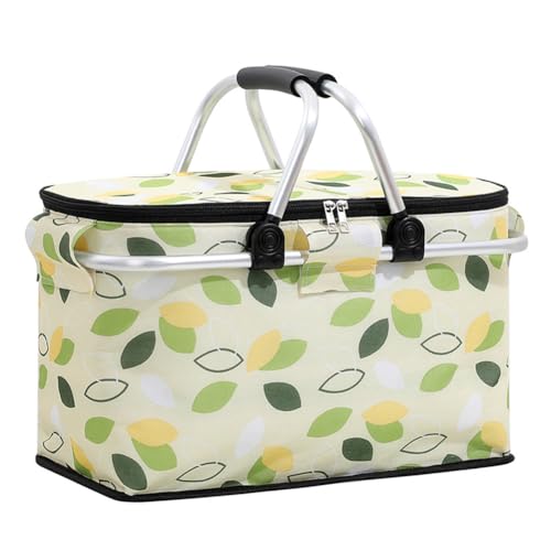 Large Picnic Basket, Leak-Proof Collapsible Insulated Picnic Basket with Handles and Zippered Top, Portable Cooler Bag for Food Delivery, Take Outs, Market Shopping, Travel - color: Green Leaves 2