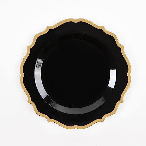 PLASTICPRO 32 Pack Elegant Disposable Plastic Plates Combo Set Includes 16 Dinner Plates and 16 Salad Plates Heavy Duty Fancy Party Plates Black & Gold Contemporary Design - color: Black & Gold Contemporary