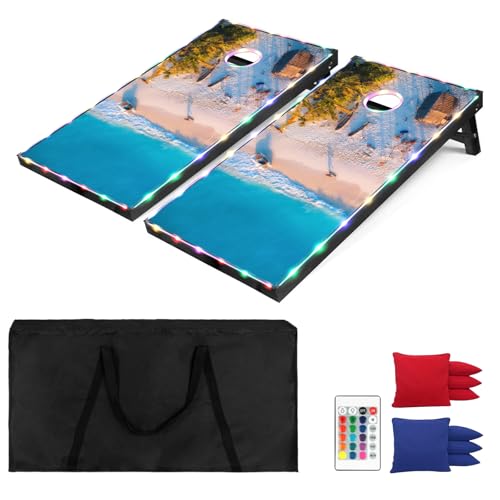 LED Cornhole Set, 3 x 2ft / 4 x2 ft Cornhole Board Game Set, Corn Hole Outdoor Game, Multi-Design with Light-Up Border, 8 Bean Bags, Carrying Case for Backyard, Beach, Lawn - color: Beach, size: 4'x2'