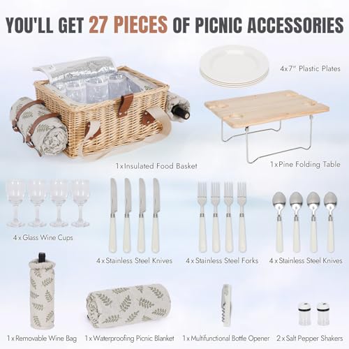 HappyPicnic Picnic Basket for 4, Handmade Wicker Picnic Set with Folding Table and Waterproof Blanket, Large Insulated Picnic Basket with Wine Bag & Cutlery Kit for Picnic, Camping, Holidays (Leaf) - color: Leaf, size: 4-person Set