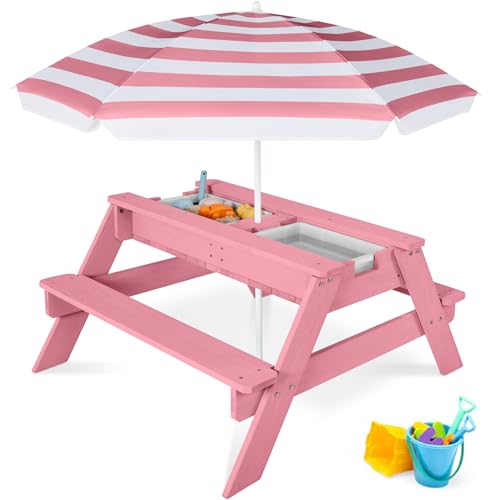 Best Choice Products Kids Picnic Table with Umbrella, 3-in-1 Sand & Water Table, Outdoor Convertible Picnic Table for Toddlers, Seats 4, Removable Top, 2 Buckets - Pink - color: Pink