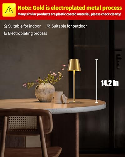 KDG 2 Pack Cordless Table Lamp,Portable LED Desk Lamp, 4000mAh Battery Operated, 3 Color Stepless Dimming Up, for Restaurant/Bedroom/Bars/Outdoor Party/Camping/Coffee Shop Night Light(Gold) - color: Electroplated Gold-2