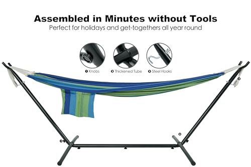 Gafete Double Hammock with Stand for Outside, Upgraded Spreader Bar, Heavy Duty Space Saving Steel Stand 2 Person, Side Pockets, Easy Assembly, 600lbs Weight Capacity, Indoor & Outdoor (Green Blue) - color: Green Blue