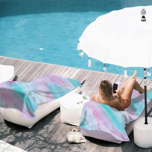 Microfiber Beach Towels,Watercolor Pink Blue Marble with Golden Stripe Oversized Absorbent Bath Towels,Soft Quick Dry Thin Camping Towel for Adults Women Men,29.5"×59" - color: Watercolor Pink Blue Marble With Golden Stripe