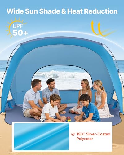 VEVOR Beach Tent Sun Shelter for 6 Person, UPF 50+, Portable Sun Shade Beach with Carrying Bag & Sand Pockets, Lightweight and Easy Setup Beach Umbrella for Family Camping Outdoor Picnic - size: 6 Person