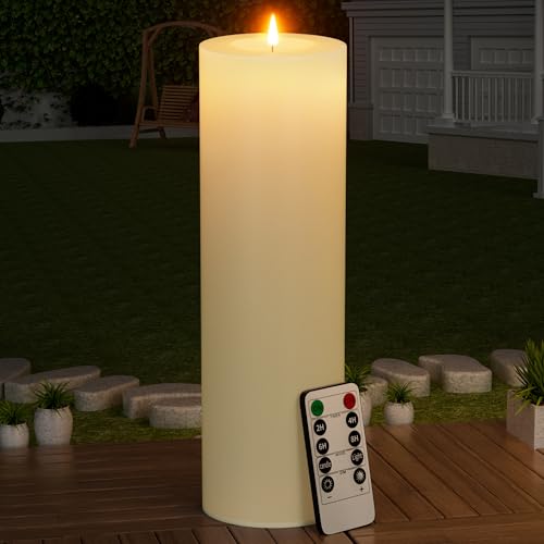 BUTHY 14" x 4" Large Outdoor Candle with Timer Waterproof Flickering LED Flameless Candle Battery Operated with Remote Fake Pillar Candle Realistic for Patio Porch Lantern, Ivory 1 Pack - color: Ivory, size: 14in-1Pack