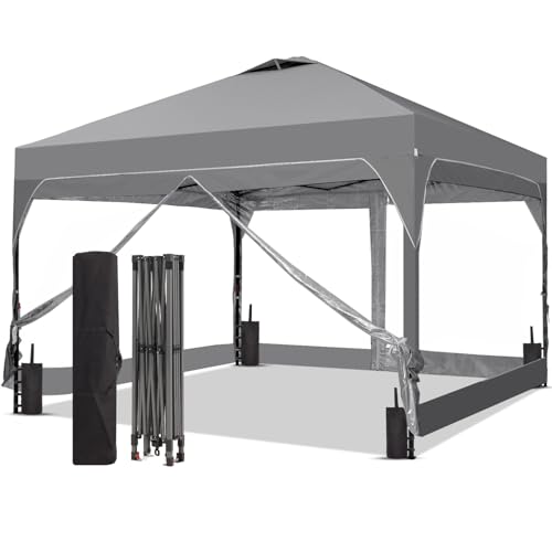 8x8 FT 1-Button Push Pop Up Canopy with 4 Clear PVC Sidewalls, Sandbags, Instant Canopy Tent for Outdoor Events - color: Gray, size: 8x8 with PVC Sidewalls