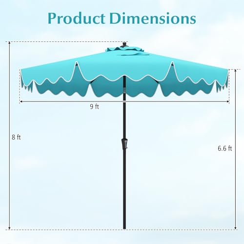 Tangkula 9Ft Patio Umbrella with Crank, 2-Tier Outdoor Umbrella with Push Button Tilt, Sun-Protective Canopy, 8 Ribs, Scalloped Patio Umbrella for Outdoor Beach Deck Pool Table (Turquoise) - color: Turquoise, size: 9Ft