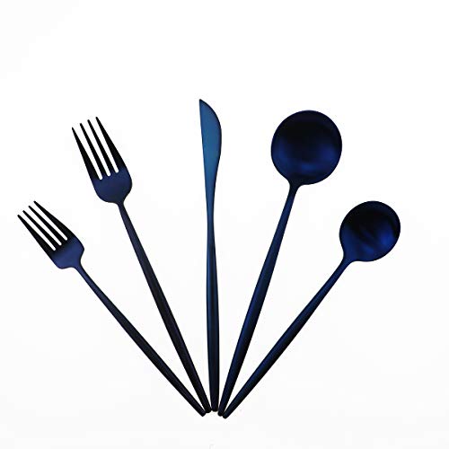 Matte Blue Gugrida 5-Piece 18/10 Stainless Steel Silverware Set, Satin Finish Flatware, Kitchen Utensils, Tableware Travel Cutlery for Camping, Office or School Lunch, Dishwasher Safe - color: Blue, size: Service for 1
