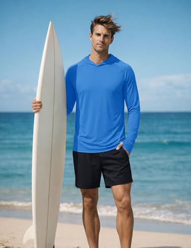 KEFITEVD Men's Sun Protection UPF 50+ Hoodie Shirts Long Sleeve Swimming Fishing Shirt SPF UV Quick Dry Rash Guards - color: Azure, size: Large