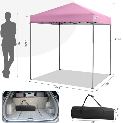 LDAILY 6.6 x 6.6 Ft Pop Up Canopy, Portable Canopy Tent Heavy Duty Instant Canopy w/Center Lock, 8 Stakes, 4 Ropes, Carry Bag, Sun Protection, Easy Up Outdoor Canopy for Party, Camping, Patio (Pink) - color: Pink