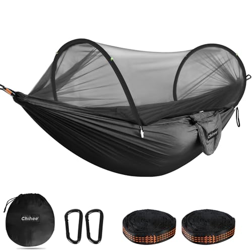 Chihee Ultra-Light Travel Camping Hammock Pop-up Net Hammock 660lbs Load Capacity,Breathable,Quick-Drying Parachute Nylon 2 Premium Carabiners,2 Tree Slings Included for Outdoor Backpacking Hiking - color: Black