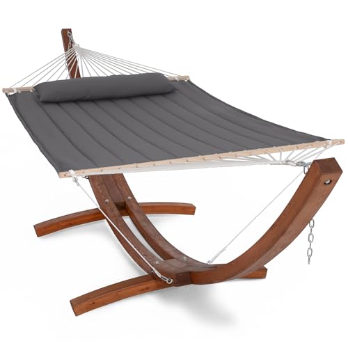 SUNCREAT Hammocks Double Hammock with Wooden Stand Included, Outdoor Hammocks for Outside, 475 lbs Capacity, Dark Gray - color: 04-dark Gray