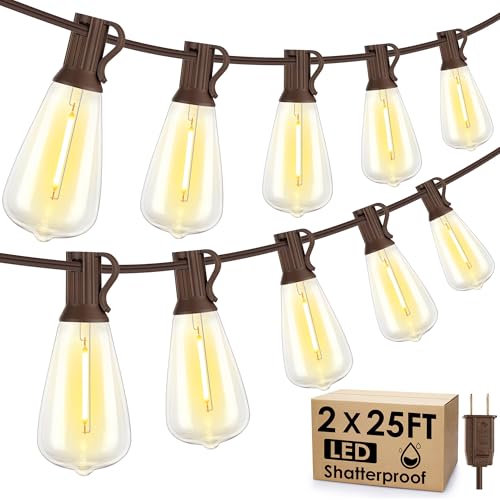 Larkvue 50FT(2x25FT) Outdoor String Lights, Patio Lights with 20+2 LED Dimmable Waterproof ST38 Vintage Shatterproof Bulb for Bistro Cafe Fence, Brown - color: Brown, size: 50FT