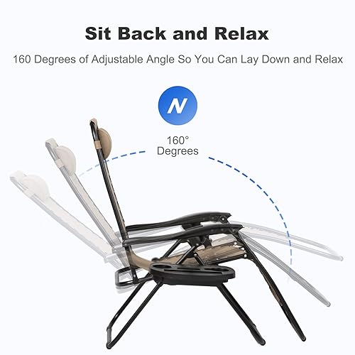 Nazhura Set of 2 Relaxing Recliners Patio Chairs Adjustable Steel Mesh Zero Gravity Lounge Chair Beach Chairs with Pillow and Cup Holder Khaki (Kahki) - color: Kahki