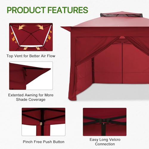 COOS BAY 11x11 Pop Up Gazebo with 4 Sidewalls, Instant Outdoor Canopy Tent with UPF 50+ UV Protection, Water Resistant Shelter with Carry Bag, Stakes & Ropes, Red - color: Red