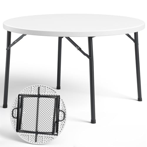 48" Folding Round Table, 48 inch Plastic Commercial Round Dinner Table with Foldable Steel Legs, Portable Card Table for Party, Events, Indoor, Outdoor, White - color: White, size: 48" Dia