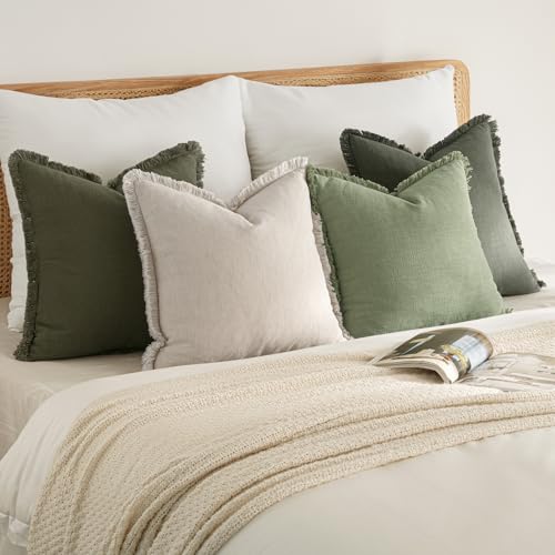 MIULEE Decorative Couch Pillow Covers Neutral Linen Fringe Throw Pillows Set of 4 Boho Farmhouse Soft Accent Cushions for Bed Sofa Living Room Spring Home Decor 24x24 Inch Beige/Sage Green - color: Sage Green, size: 24" x 24" (Pack of 2)