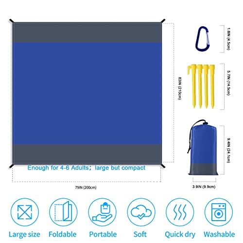 Beach Blanket - Sandproof Waterproof & Lightweight - Blue - 83" X 79" - Fits 4-6 Persons - Compact & Portable - Ideal for Beach, Camping, Hiking & Picnicking - color: Blue Gray