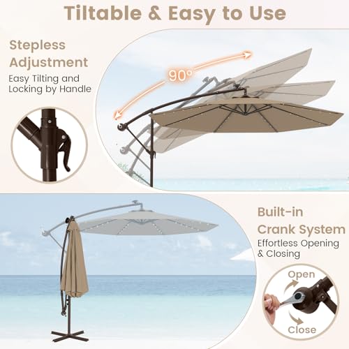 Tangkula 10FT Offset Patio Umbrella with Base Included, Outdoor Cantilever Umbrella with 40 Solar LED Lights, Tilt Adjustment, Crank Handle, Vented Top, Sand Bags for Pool Yard Deck (Tan) - color: Tan