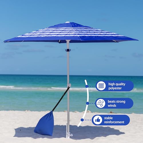 AMMSUN 8ft Large Beach Umbrellas for Sand Heavy Huty Wind Portable Commercial Grade Patio Beach Umbrella with Sand Anchor Adjustable Height Air Vent UPF 50+ Telescoping Pole without tilt Blue White - color: Blue White Stripe