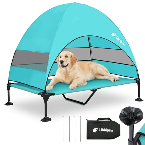 Windproof Elevated Dog Bed with Canopy & Stakes, 3-Sided 90% UV Block, Chew-Proof Teslin Mesh Mat for Large Dogs up to 150lbs(Blue X-Large) - color: Blue, size: X-Large