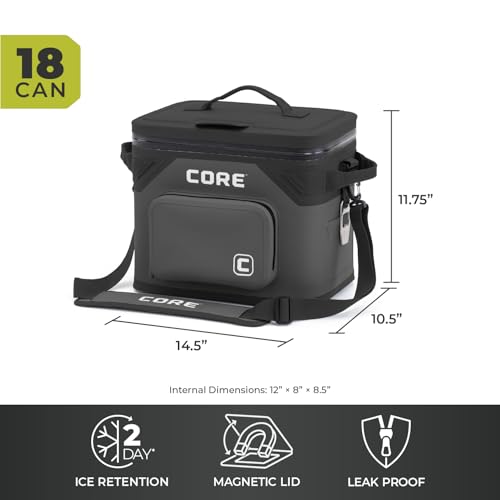 CORE Magnetic Leak Proof Soft Cooler with Waterproof Zipper | Insulated Bag Portable Ice Chest Box | Best Soft Cooler for Food & Beverages for Tailgating, Car Camping, Travel, and Family Beach Picnics - color: Charcoal, size: 18 Can