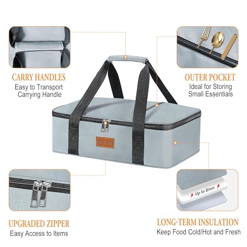 Insulated Casserole Carrier - Single Layer Design, Food Warmer Bag for Hot&Cold Food Travel, Fits 9x13 Casserole Dish, Leak-Proof, Durable Nylon, Zip Pockets, Grey - color: grey-1