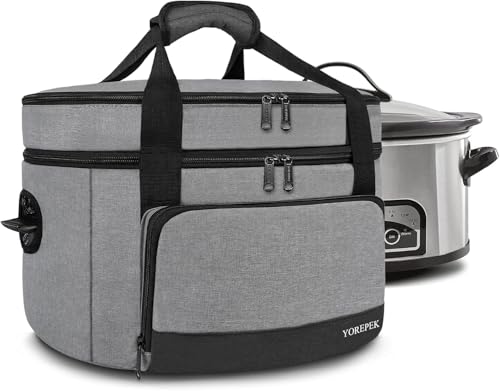 YOREPEK 2 Layer Slow Cooker Carrier, Compatible with 6, 7, 8 Quart Crock-Pot, Insulated Large Slow Cooker Travel Bag with Bottom Pad Lid Fasten Straps, for Family Gathering Potluck, Gifts for Women - color: Gray