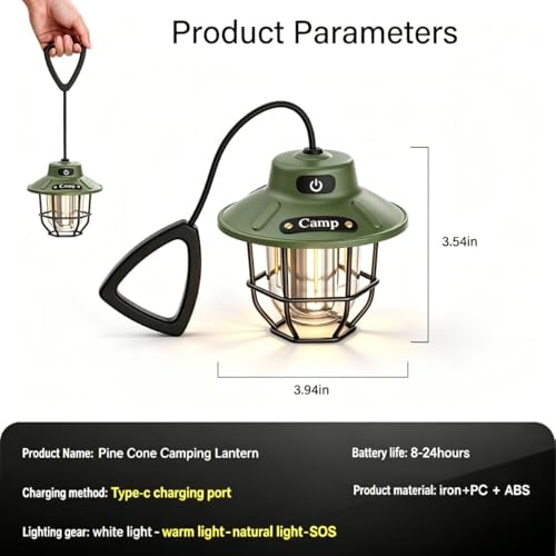 Camping Lantern Rechargeable, Camping Lantern 1200LM 3 Brightness, Adjustable Brightness, Portable LED Camping Tent Light, Rustic Lantern Decor, Camping Tent Lamp, Camping Essentials for Home - style: Green