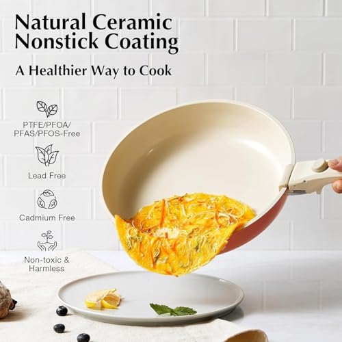 IKTU Ceramic Pots and Pans Set Non Stick Pink, 5Pcs Nonstick Cookware Set with Detachable Handle RV Camping Induction Kitchen Cookware Set Non Stick, PFAS PFOA & PTFE Free - color: Coral Pink