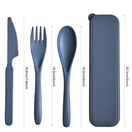 Travel Utensils Set with Case, 4 Sets Camping Utensils Wheat Straw Reusable Utensils Set With Case, Knife Fork and Spoon Utensils for Lunch Box - color: Blue, Light blue, Beige, Gray