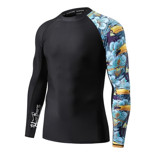 HUGE SPORTS Men's Rash Guard Long Sleeves UPF 50+ UV Sun Protection Quick Drying Splice Compression Swim Shirts - color: Heytoucan, size: Small