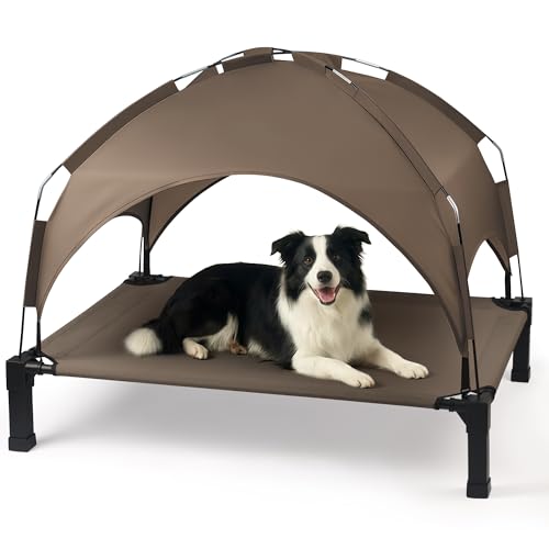 Heeyoo Elevated Dog Bed with Removable Canopy, Portable Dog Cot with Sun Protection Shade Tent, Raised Pet Cooling Cot Bed for Dogs, 42in - color: Brown, size: 42"L x 30"W x 8.4"H