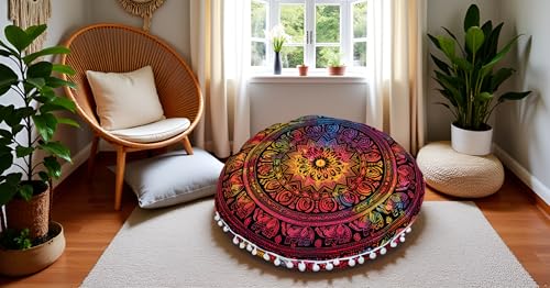 CRAFT KALA 32" Large Round Bohemian Floor Pillow Cover Boho Pouf Cover Mandala Meditation Room Pillows Cover Adults Seating Poufs Cushion Cover for Kids Reading Playroom Multi Elephant - color: Multi Elephant