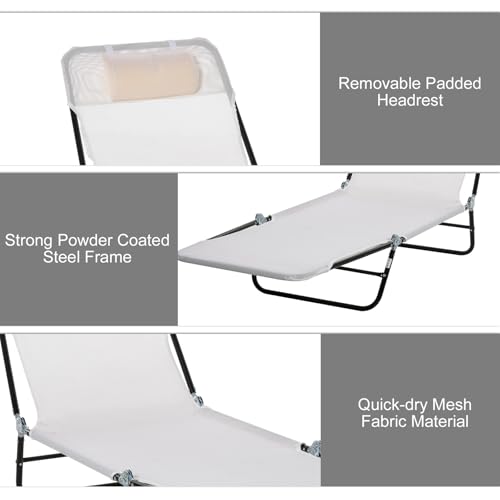 Majnesvon Outdoor Tanning Chair with Pillow, Folding Chaise Lounge Chair with Adjustable Backrest, Portable Lay Flat Beach Lounge Chairs for Sunbathing Poolside Patio Lawn Camping(Cream White) - color: Cream White