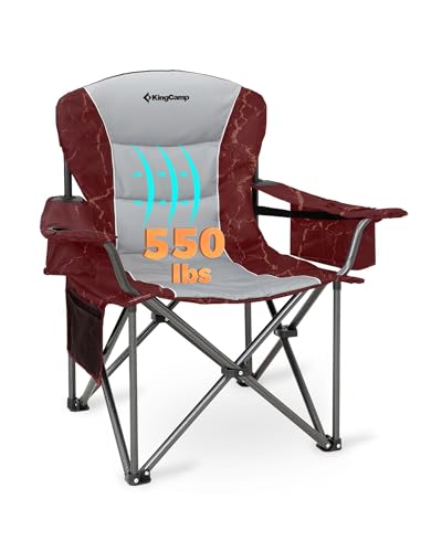 KingCamp Oversized Camping Folding Chair, Heavy Duty 550 LBS with Lumbar Support, Padded seat with Cup Holder&Cooler Bag, Ideal for Camp, Fishing, Sports Event, Backyard, Patio, Lawn(Lava Red) - color: 1 Pack-grey/Red