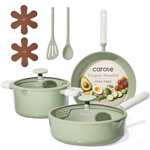 CAROTE Pots and Pans Set Nonstick, Ceramic Cookware Set, Green Cooking Set Kitchen Induction Set with Steamer, PFAS PTFE Free,9 Piece - color: Green, size: Stockpot