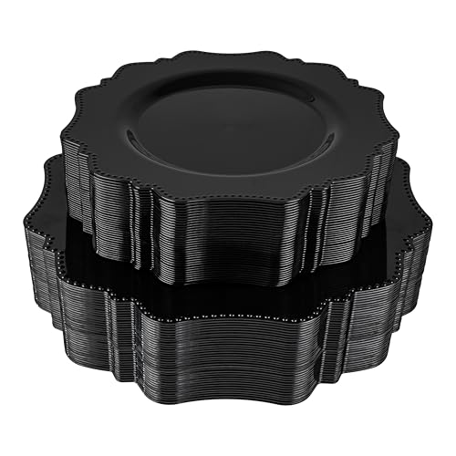 COLOSUS 100pcs Black Plastic Plates - Heavy Duty Black Plastic Plates Disposable for Party/wedding/New Year Include 50pcs Dinner Plates and 50pcs Dessert Plates. - color: Black