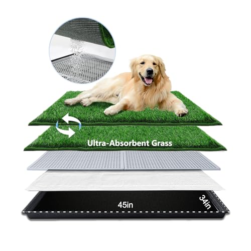 HQ4US 4LEGS Dog Grass Pad with Tray Extra Large 45”×34”, Dog Litter Box with Odor Free Artificial Grass Pee Pads for Dogs Potty Tray with Hemmed Edge, Realistic for Indoor Balcony - size: X-large for Dog＜ 38" Length