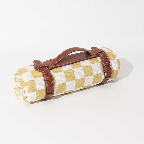 Modern Checkered Picnic Mat,Foldable Waterproof Sandproof Beach Blanket for Camping Hiking Outdoor Activities Lightweight Thin Ground Sheet for Travel Accessories,Yellow,150x150cm/60 x60 - color: Yellow, size: 5' x 5' (Square)